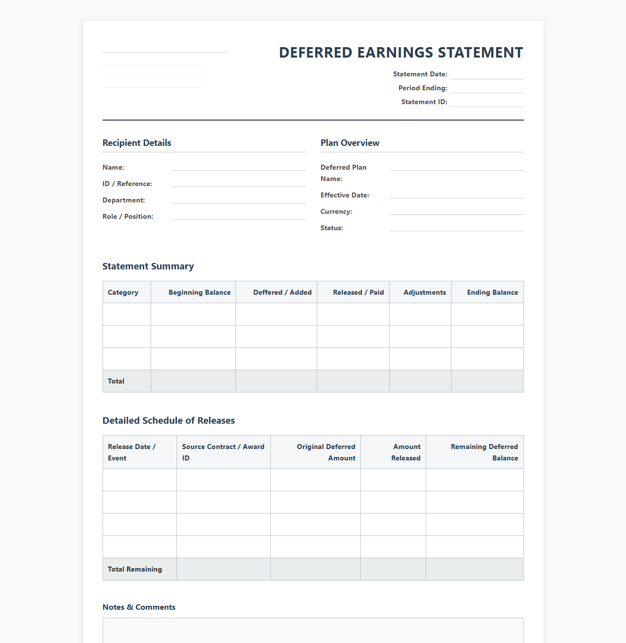 Monthly Deferred Earnings Statement Template