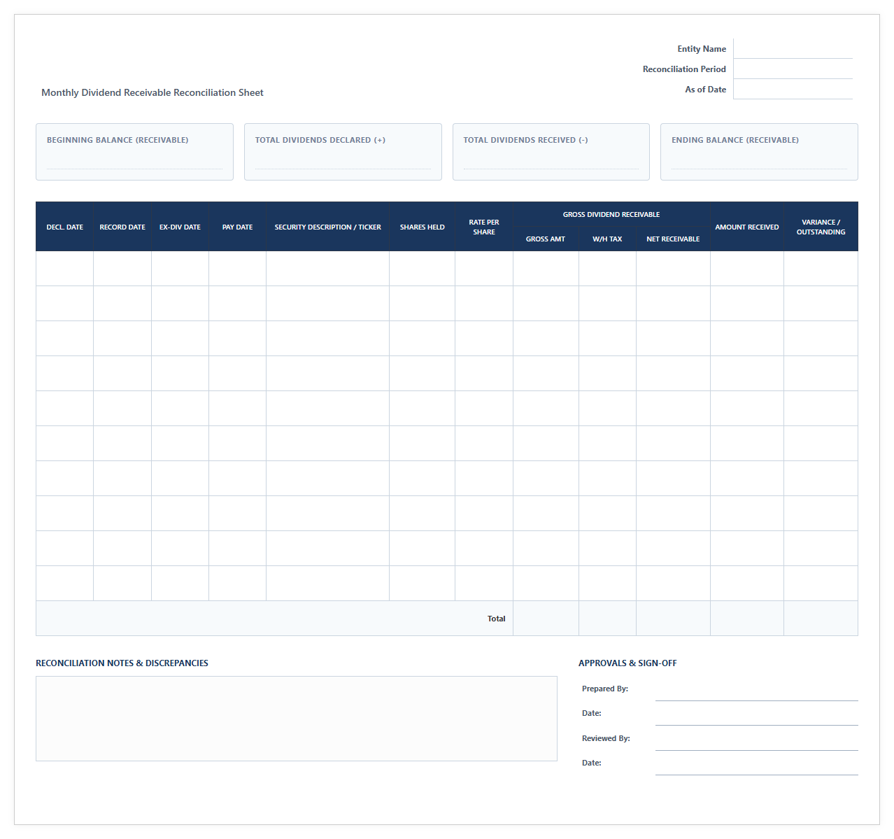 Monthly Dividend Receivable Reconciliation Sheet