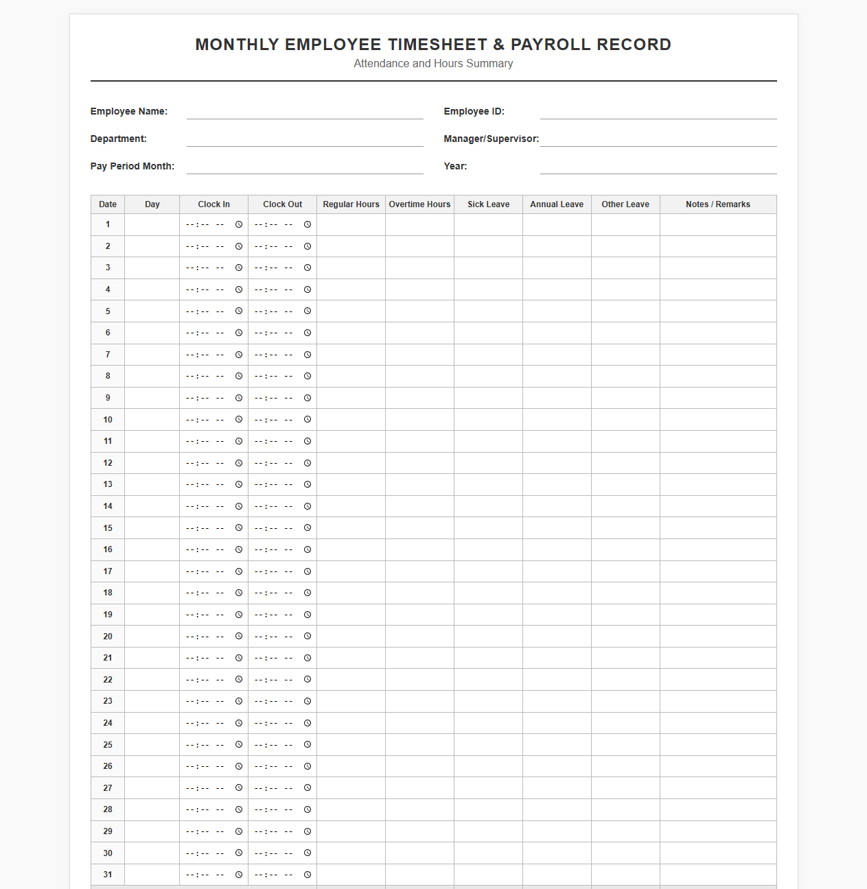 Monthly Employee Attendance and Payroll Timesheet