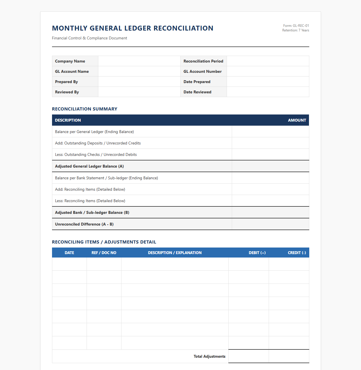 Monthly General Ledger Reconciliation Template
