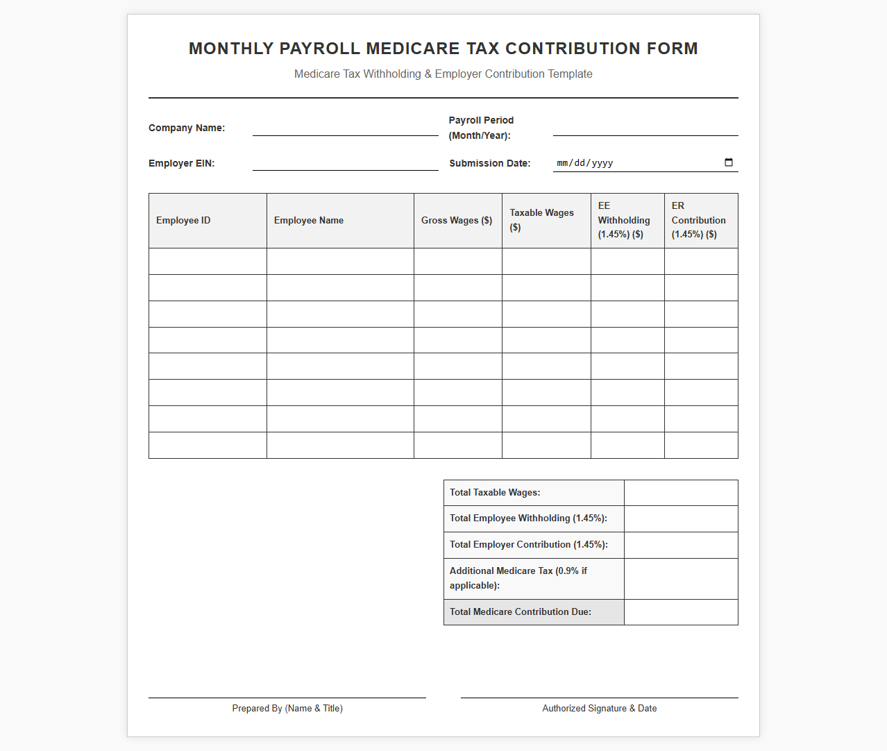 Monthly Payroll Medicare Tax Contribution Form