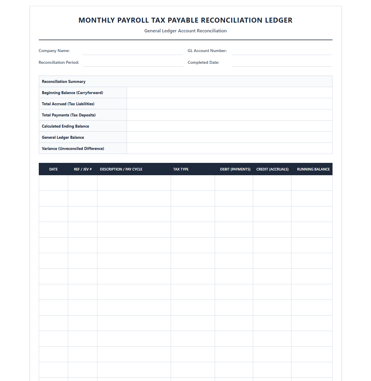 Monthly Payroll Tax Payable Reconciliation Ledger