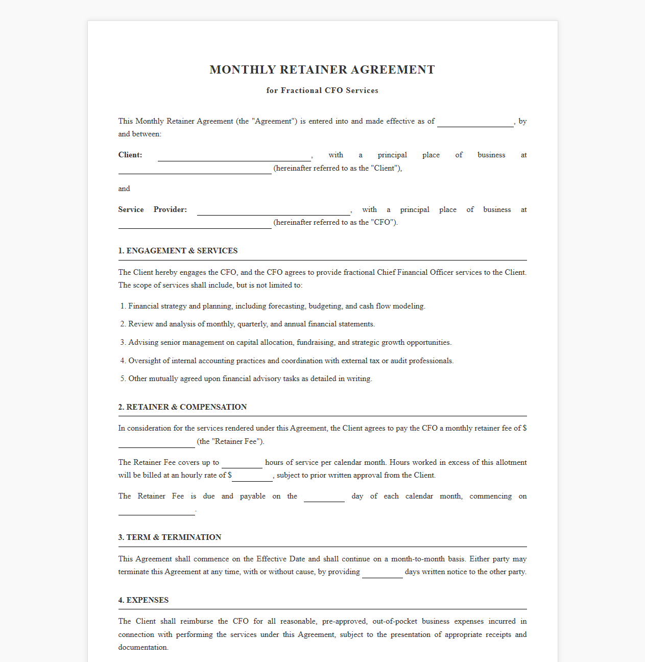 Monthly Retainer Agreement for Fractional CFOs
