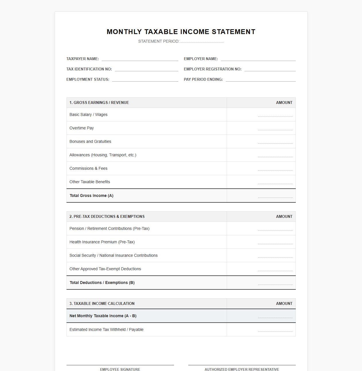 Monthly Taxable Income Statement Template