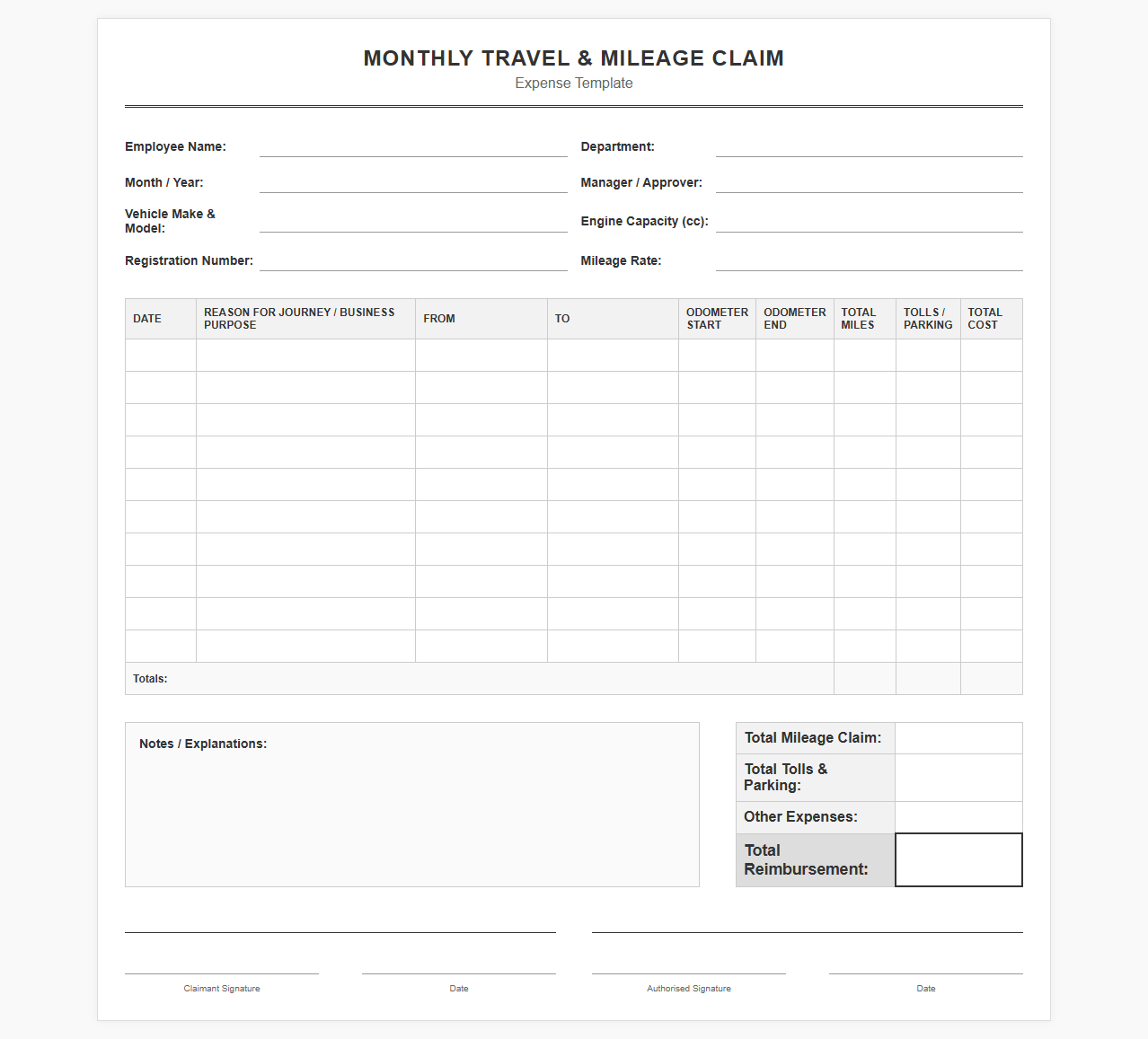 Monthly Travel and Mileage Claim Spreadsheet