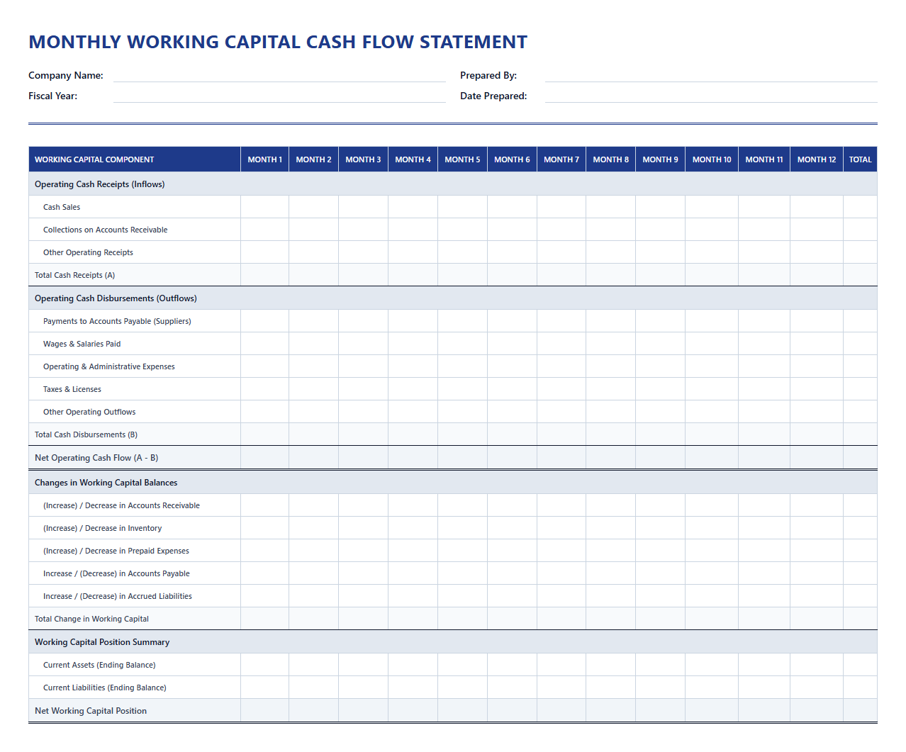 Monthly Working Capital Cash Flow Statement