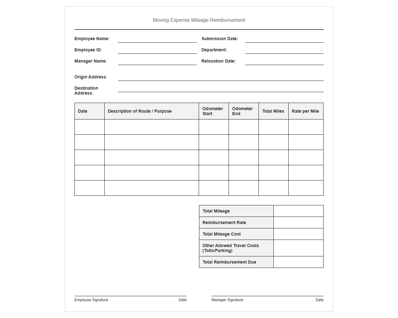 Moving Mileage Reimbursement Template