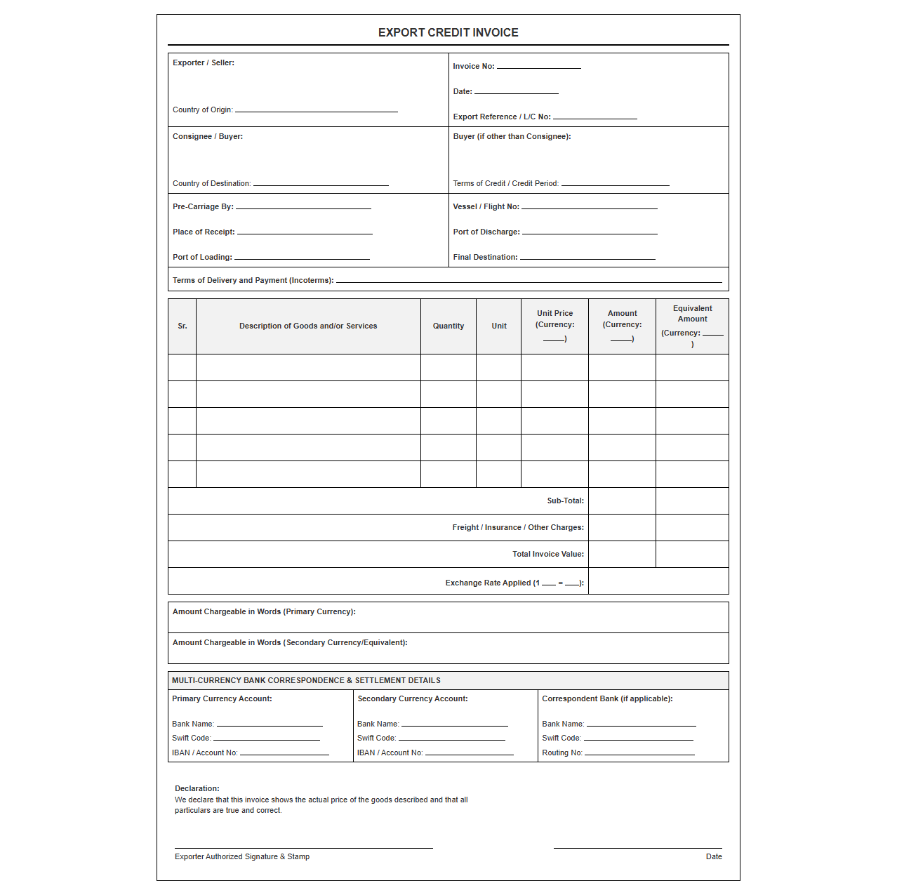 Multi Currency Export Credit Invoice Format
