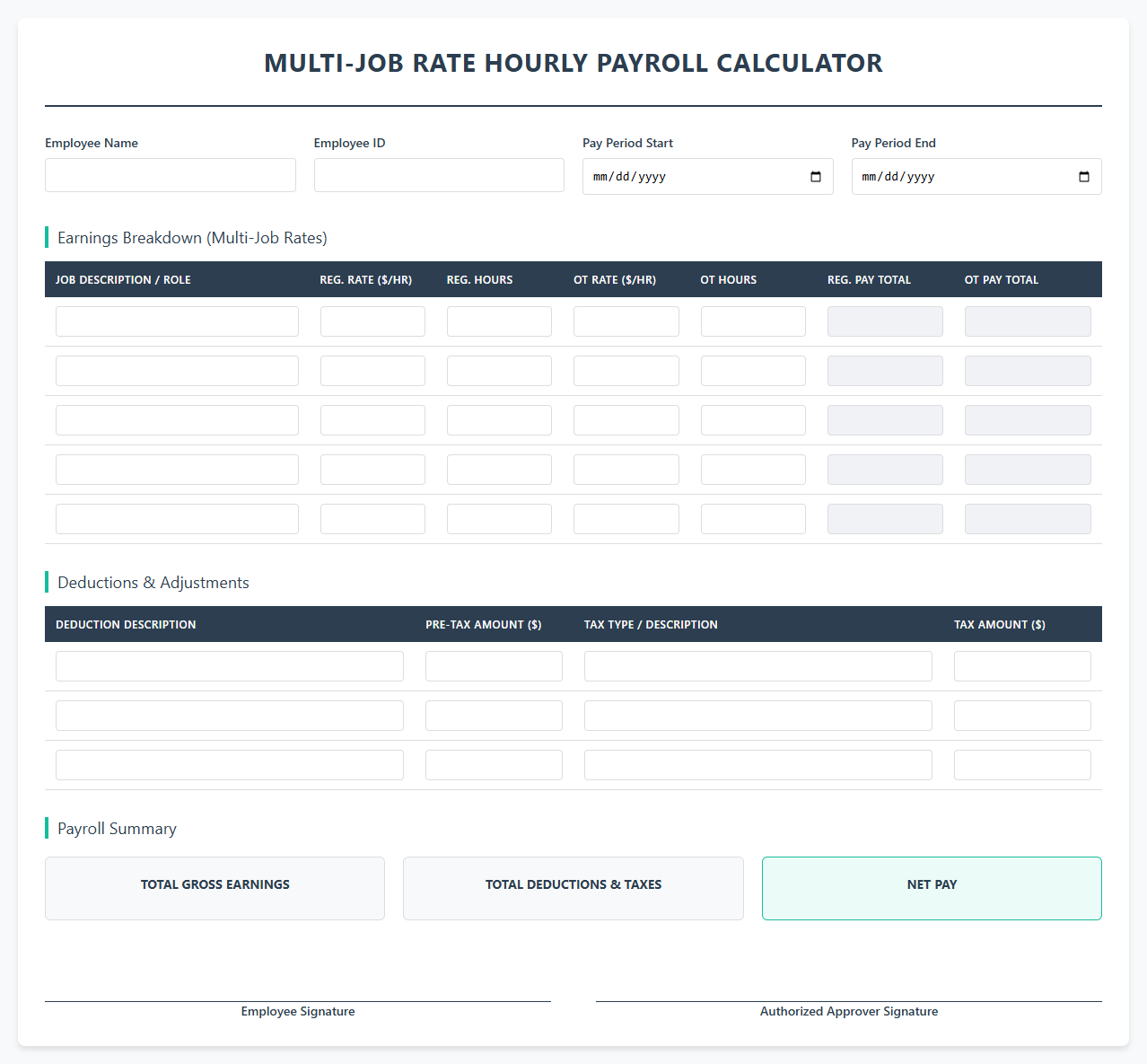 Multi-Job Rate Hourly Payroll Calculator
