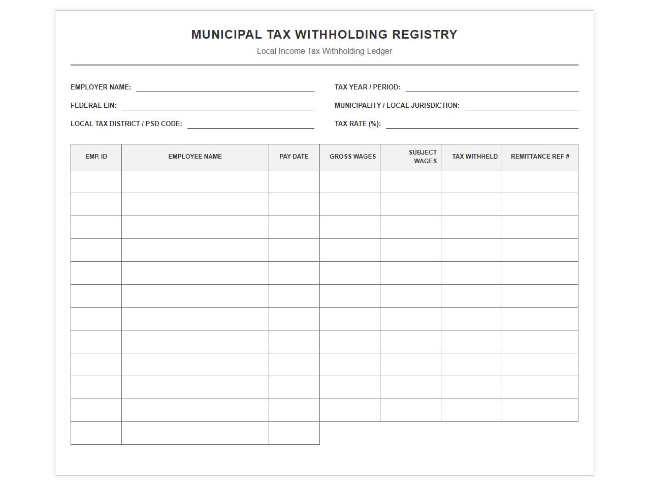 Municipal Tax Withholding Registry Template