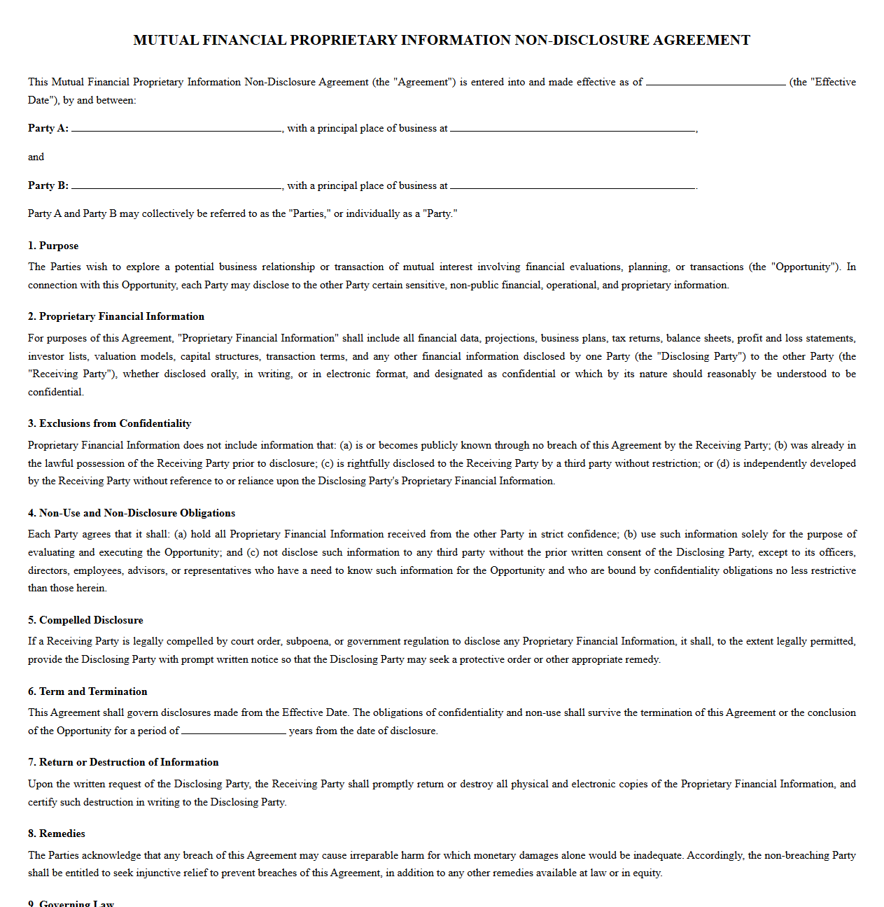 Mutual Financial Proprietary Information Non-Disclosure Agreement