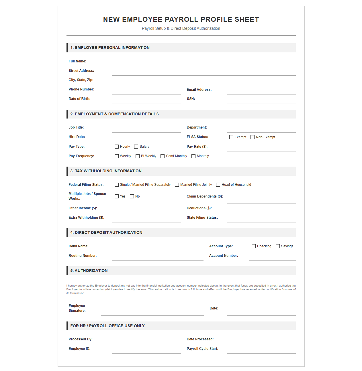 New Employee Payroll Profile Sheet