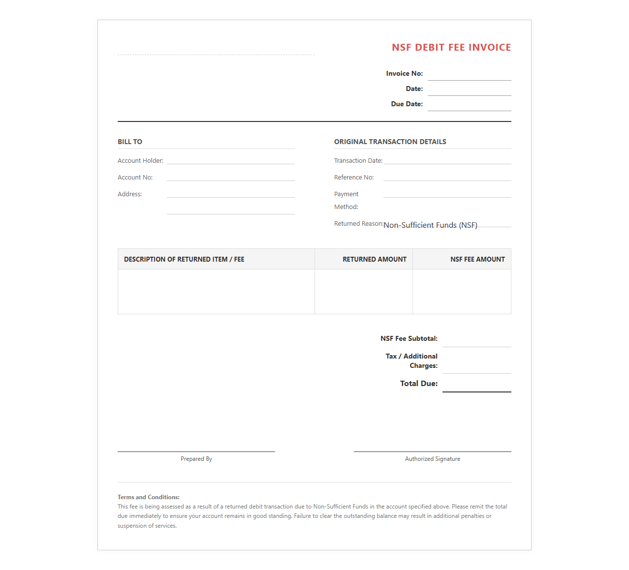 Non-Sufficient Funds Debit Fee Invoice