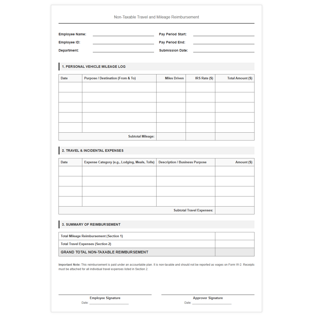 Non-Taxable Travel and Mileage Reimbursement Payroll Template