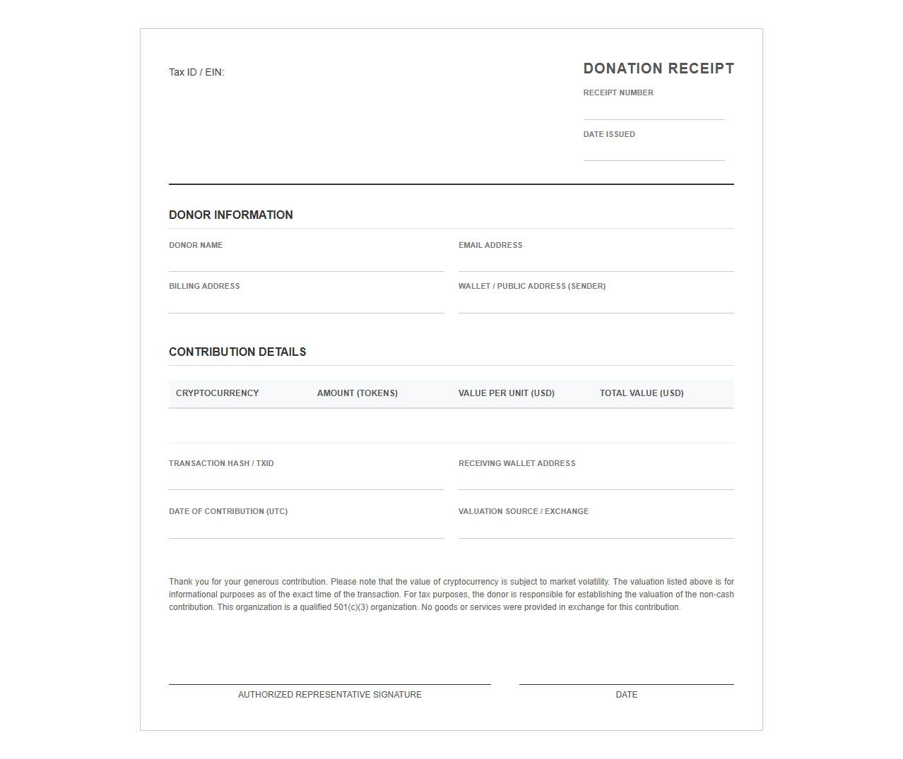 Nonprofit Cryptocurrency Gift Receipt Form