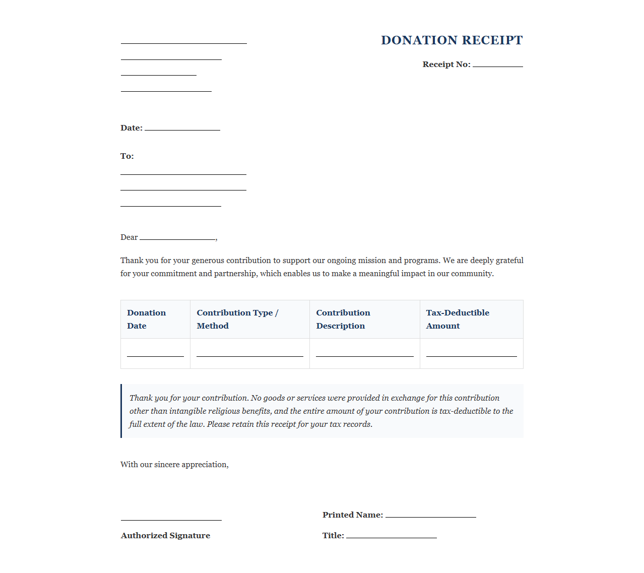 Nonprofit Individual Donation Acknowledgment Letter