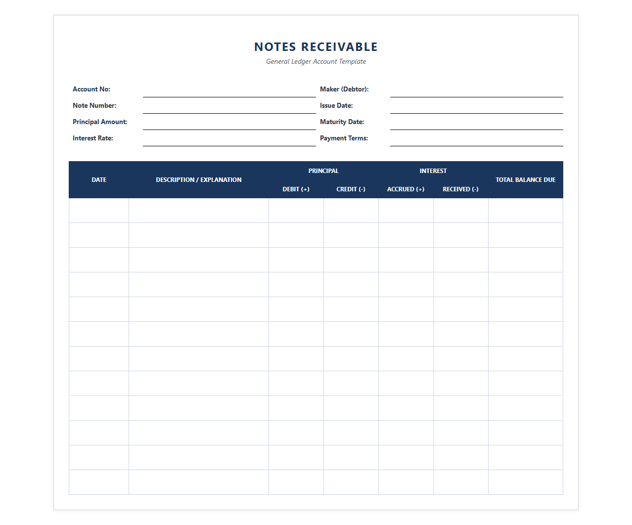 Notes Receivable General Ledger Template