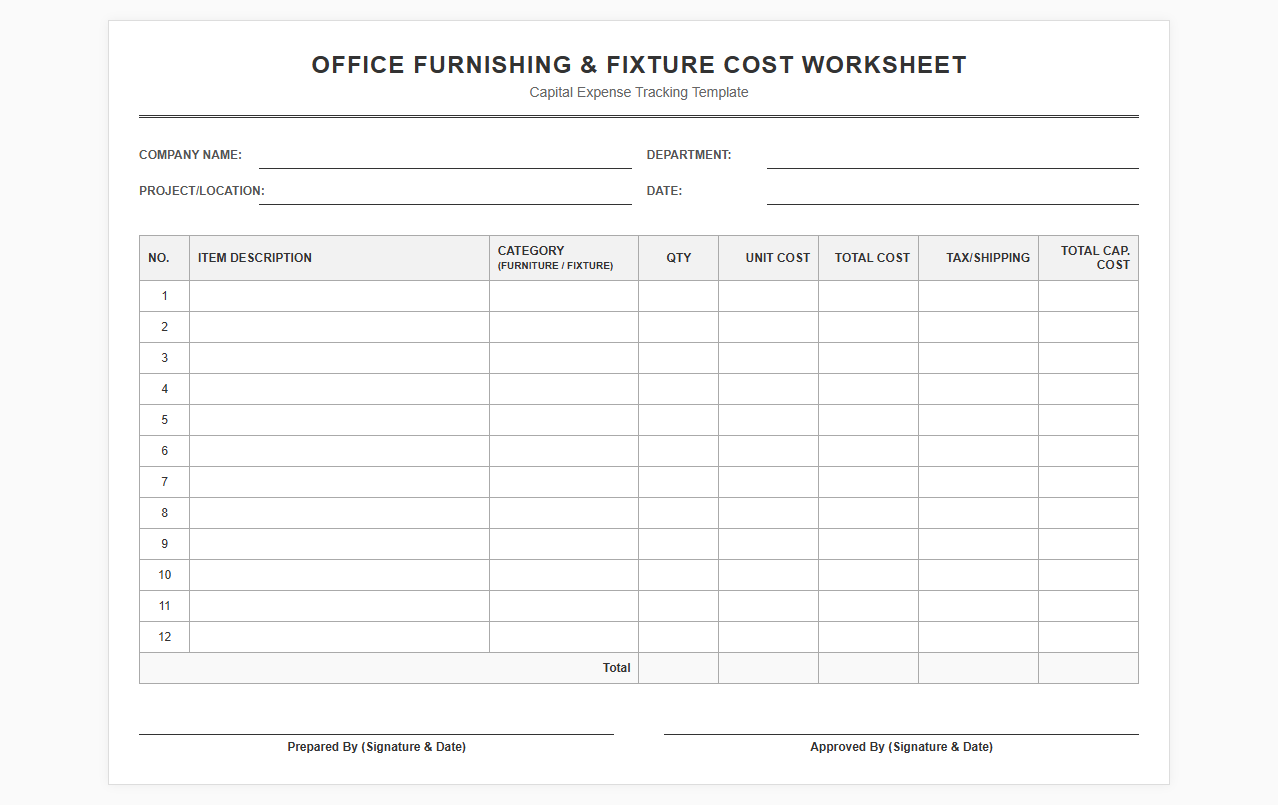 Office Furnishing and Fixture Cost Worksheet