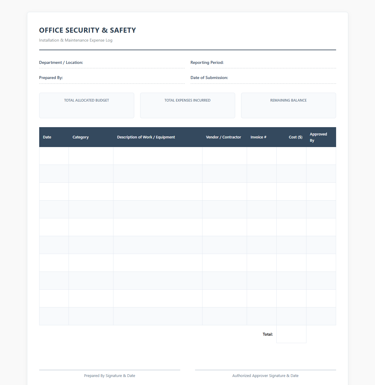 Office Security Installation and Maintenance Expense Log