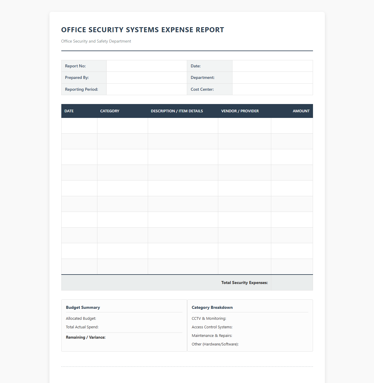 Office Security Systems Expense Report