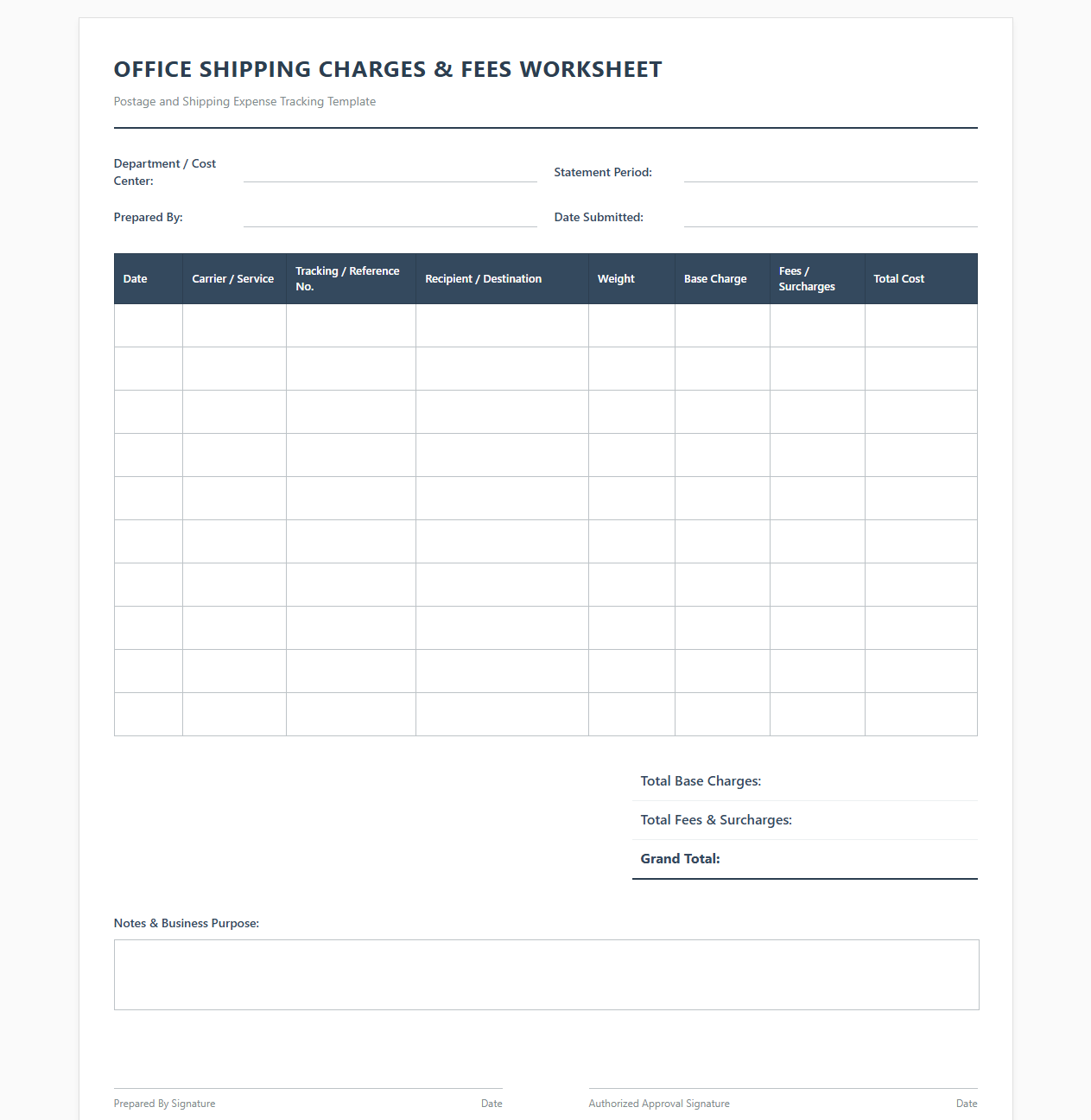 Office Shipping Charges and Fees Worksheet