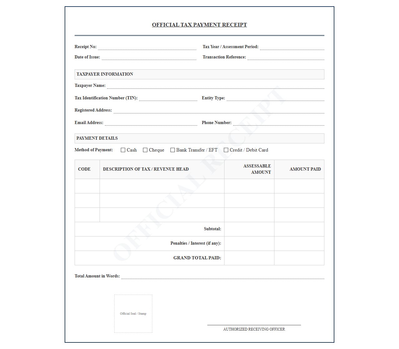 Official Government Tax Payment Receipt Template