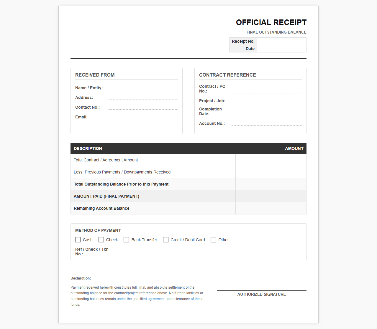 Official Receipt for Final Outstanding Balance