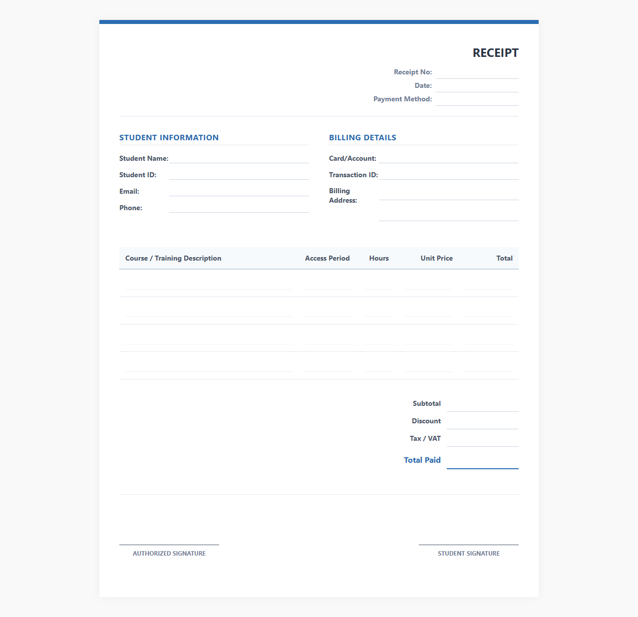 Online Course and Training Receipt