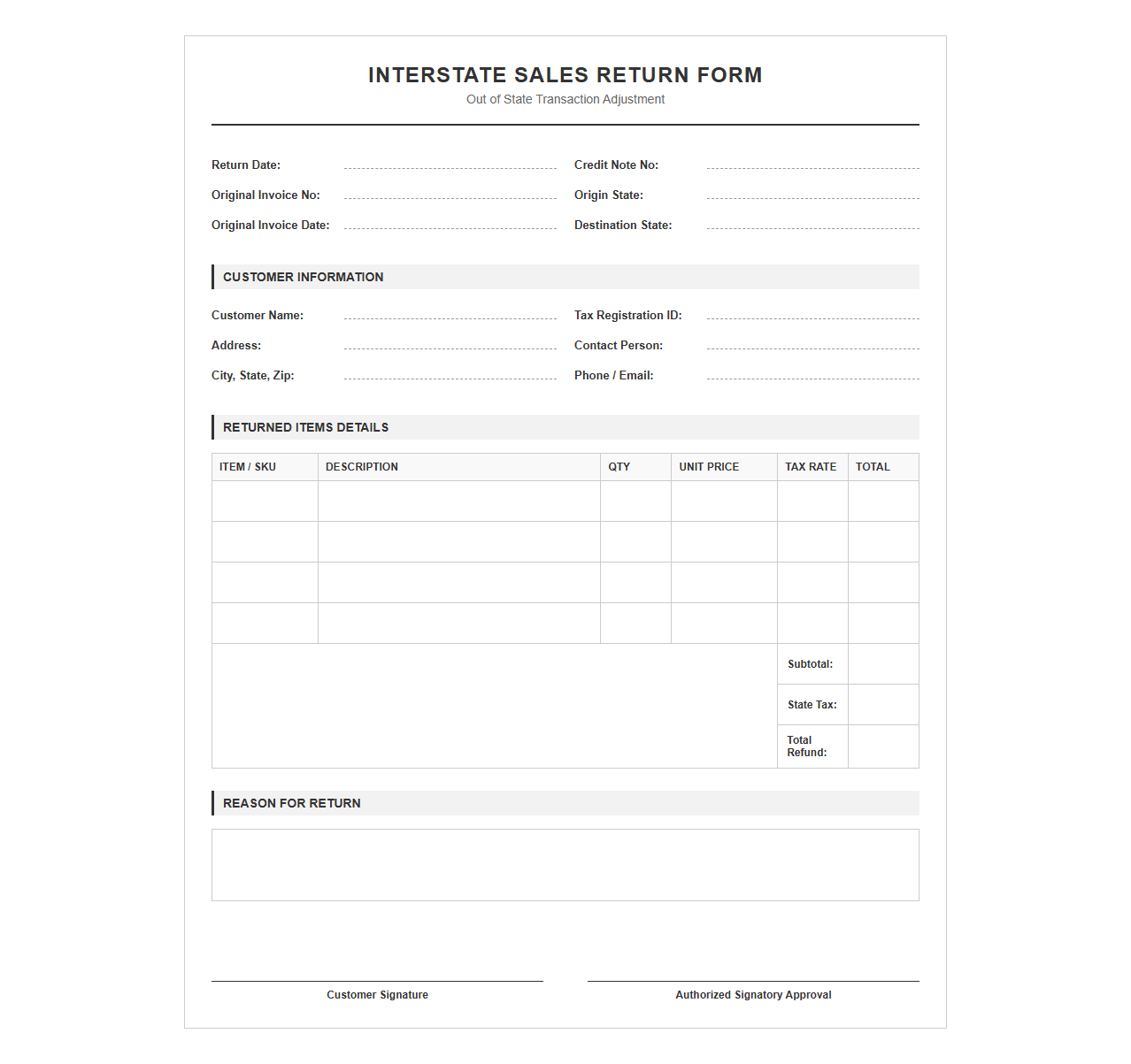 Out of State Sales Return Template