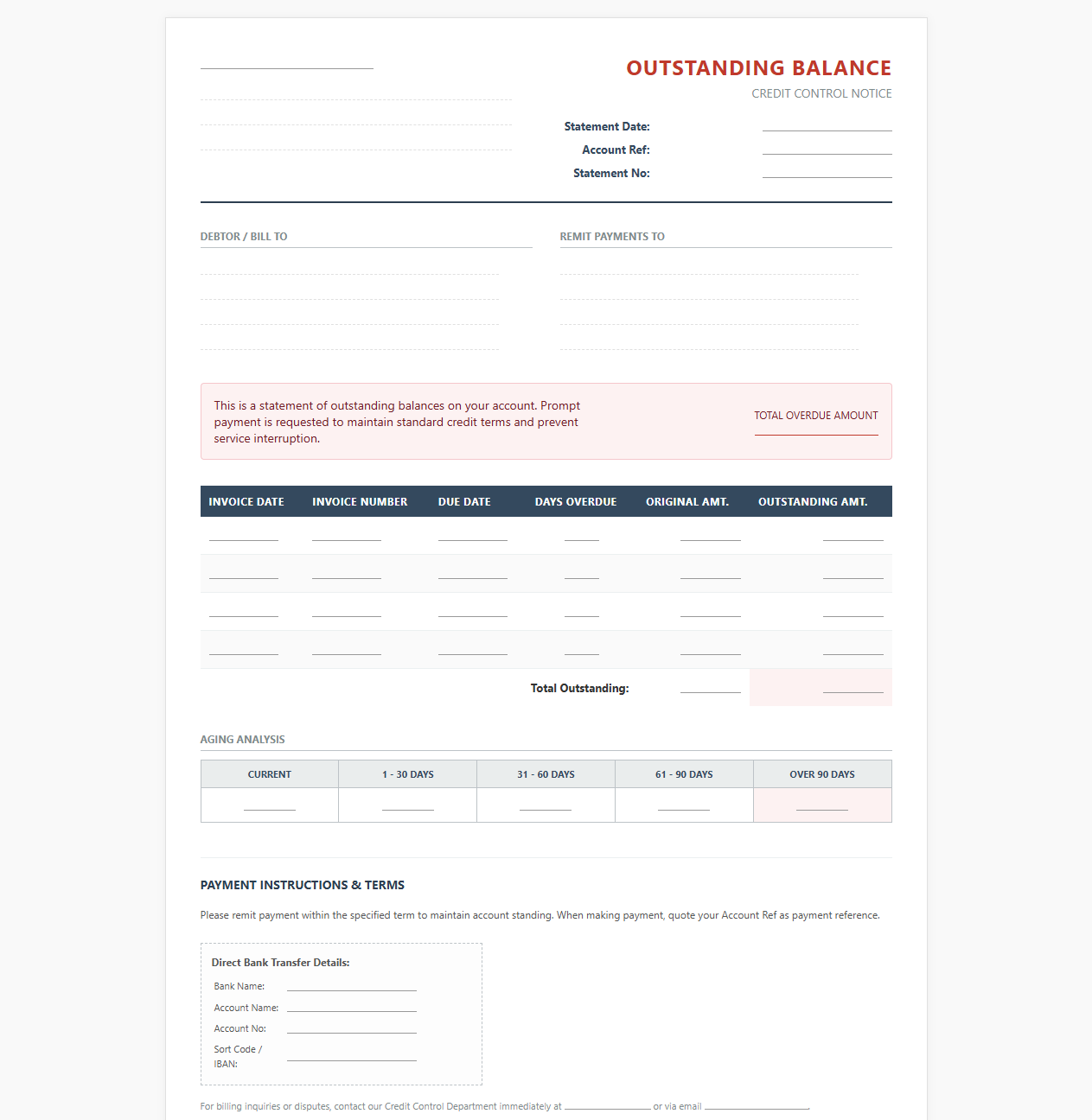 Outstanding Balance Credit Control Invoice