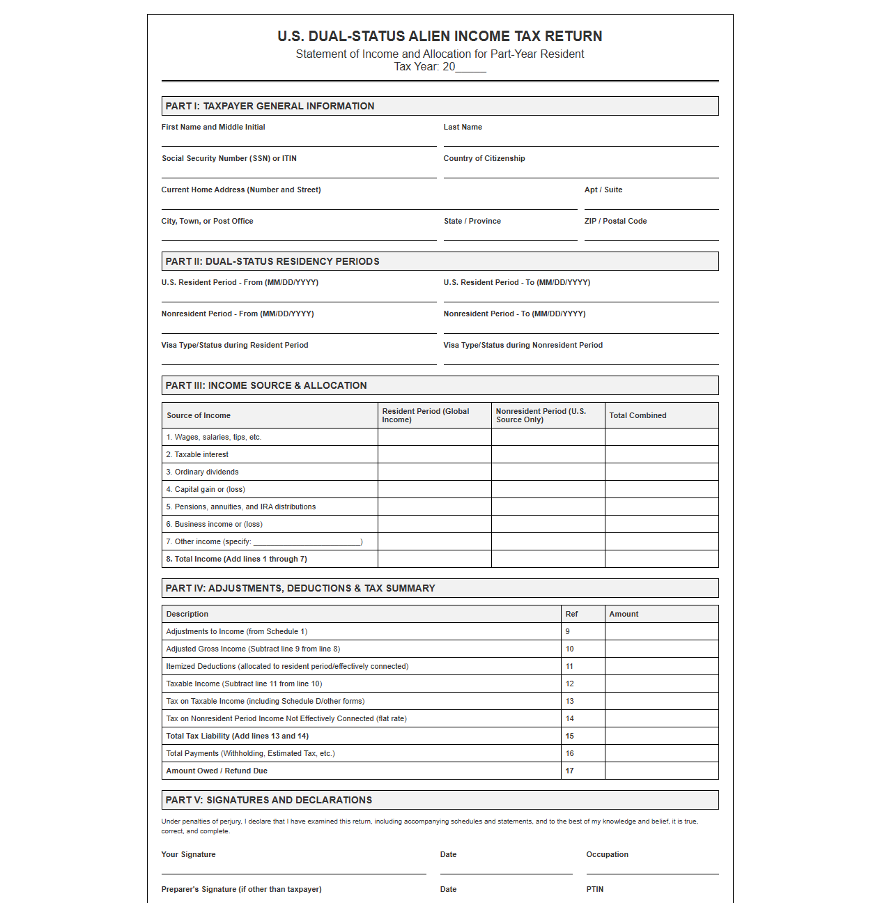 Part-Year Resident Dual-Status Alien Return Template