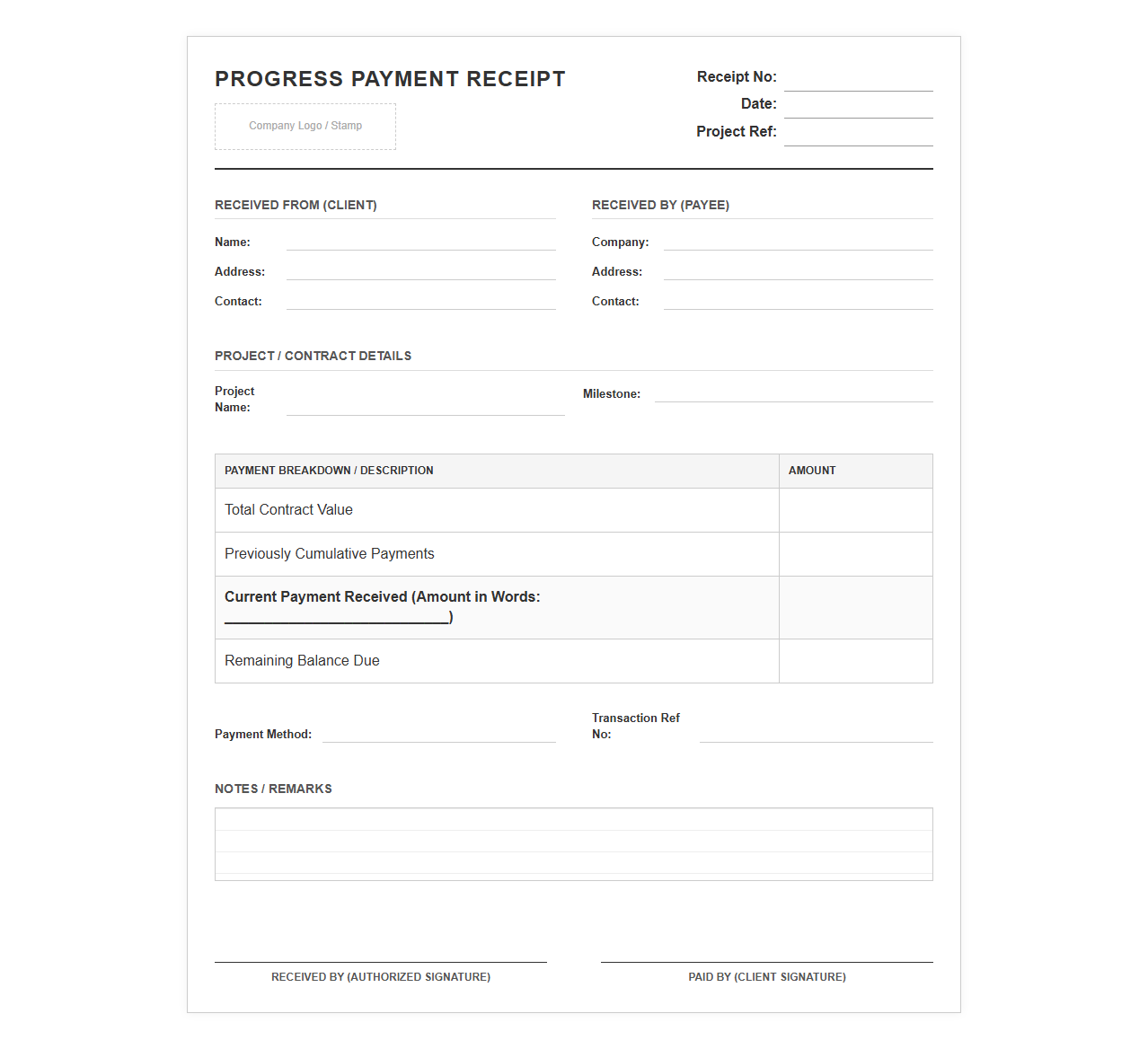 Partial Payment Receipt Template