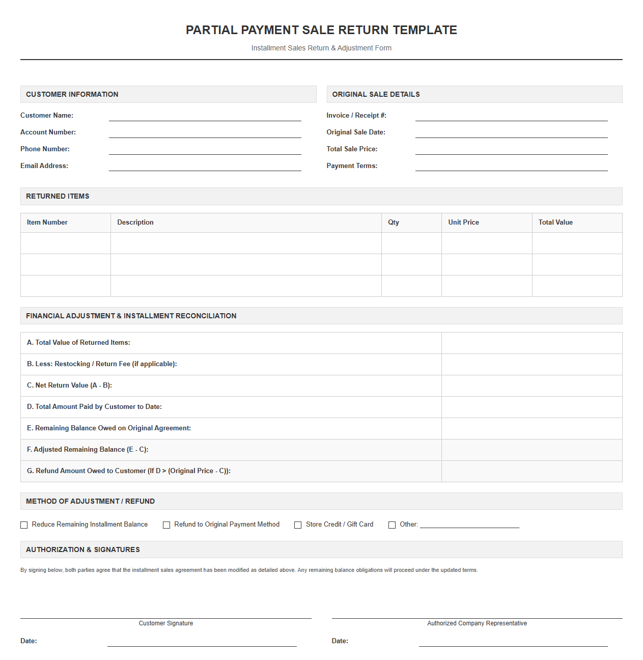 Partial Payment Sale Return Template
