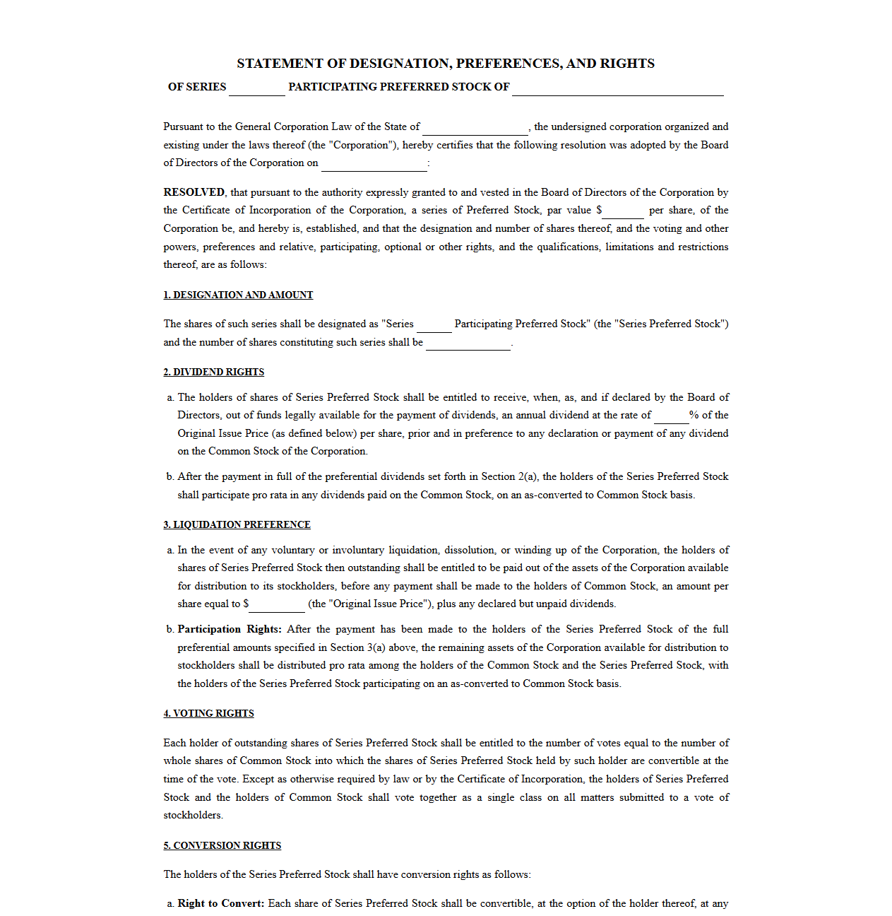 Participating Preferred Stock Agreement Statement Template