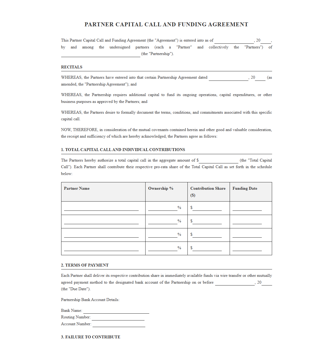 Partner Capital Call and Funding Agreement Template