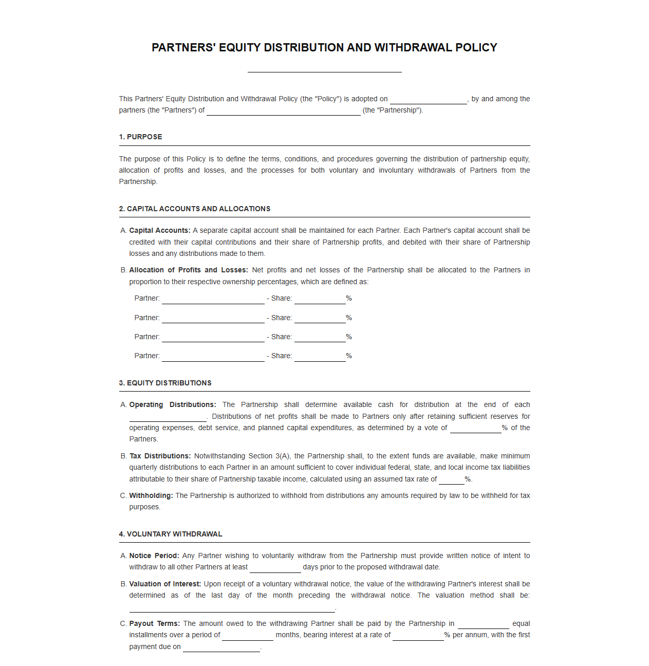 Partners Equity Distribution and Withdrawal Policy Template