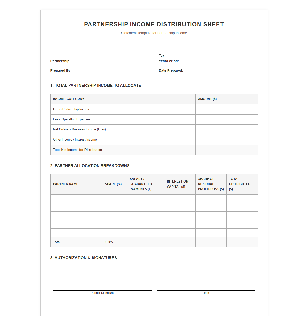 Partnership Income Distribution Sheet
