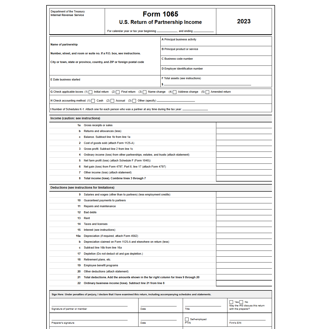 Partnership Income Tax Return Form 1065 Template