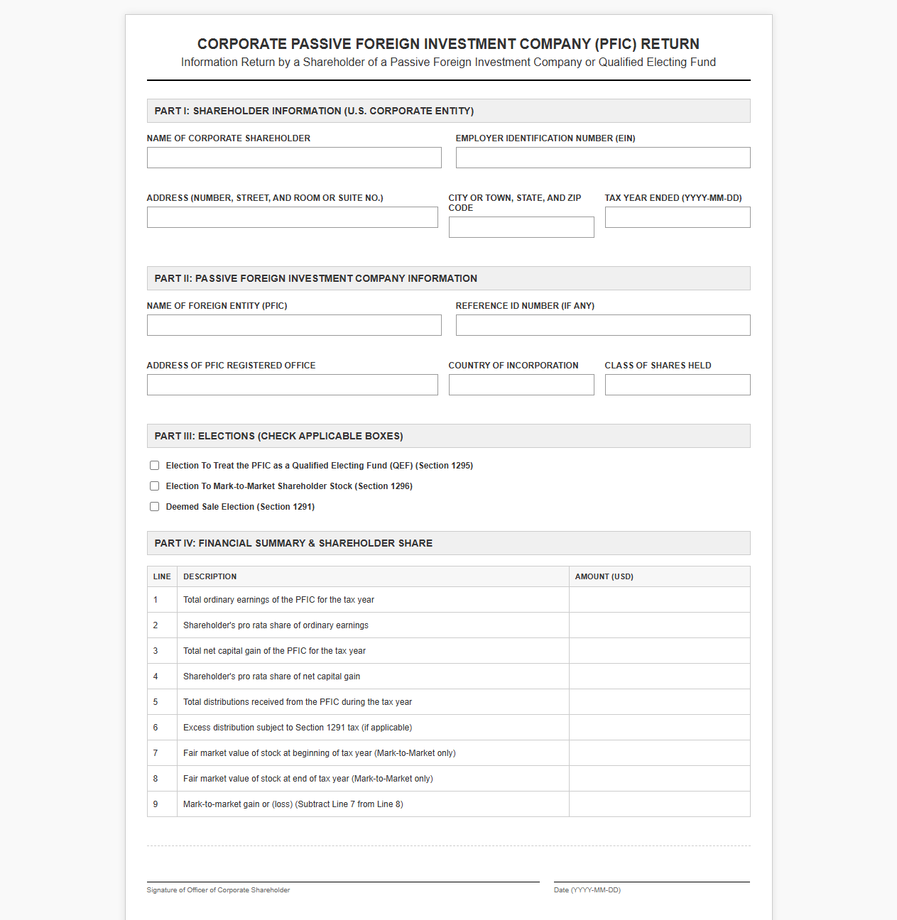 Passive Foreign Investment Company Template for Corporate Returns