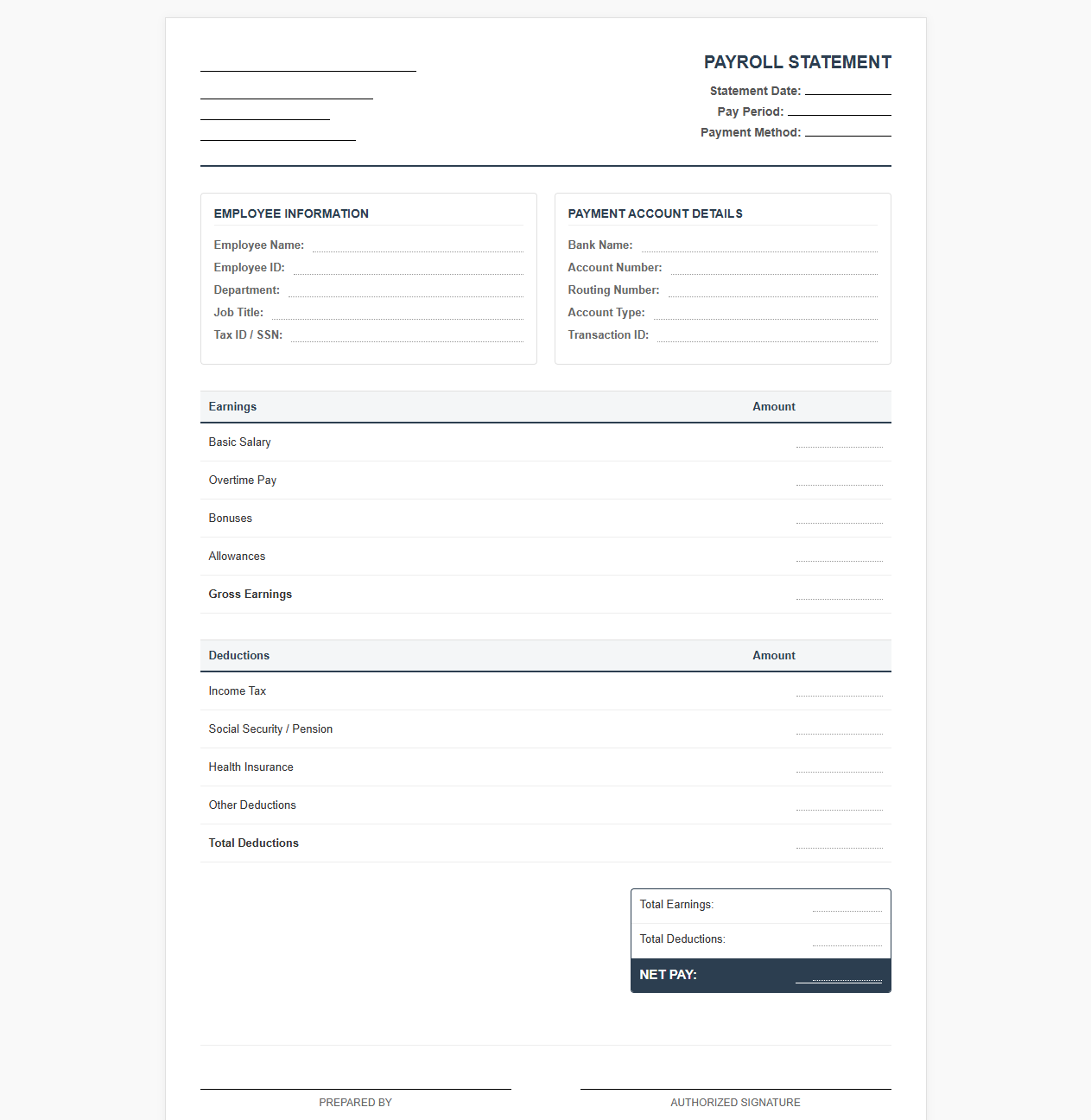 Payroll Account Statement Template