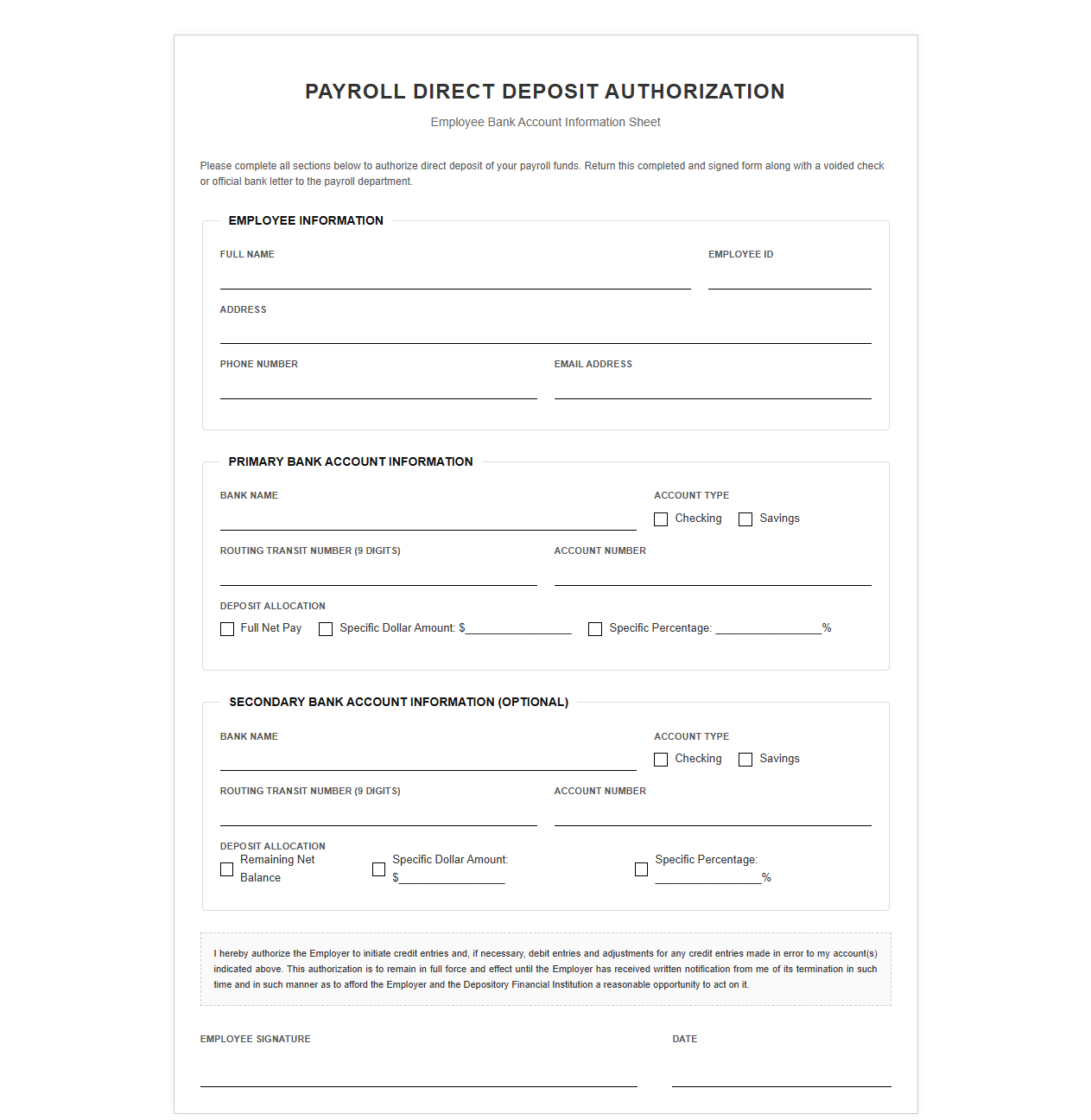 Payroll Bank Account Information Sheet
