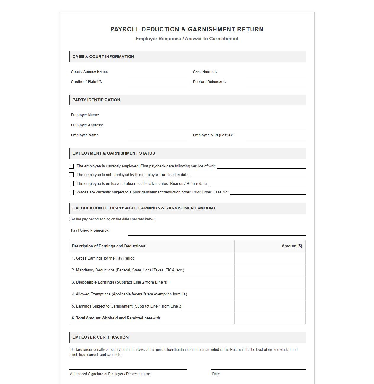 Payroll Deduction and Garnishment Return Template