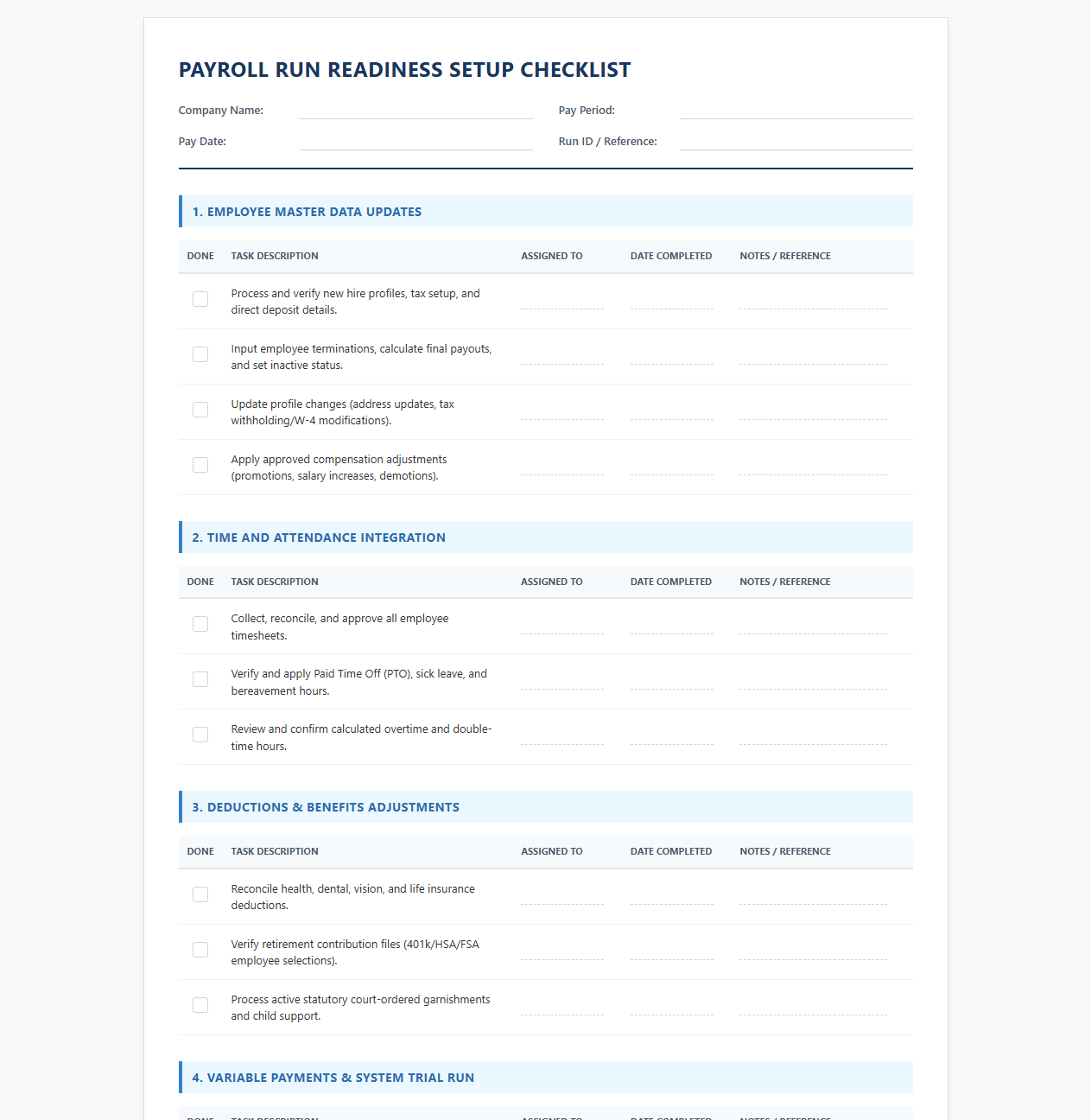 Payroll Run Readiness Setup Checklist