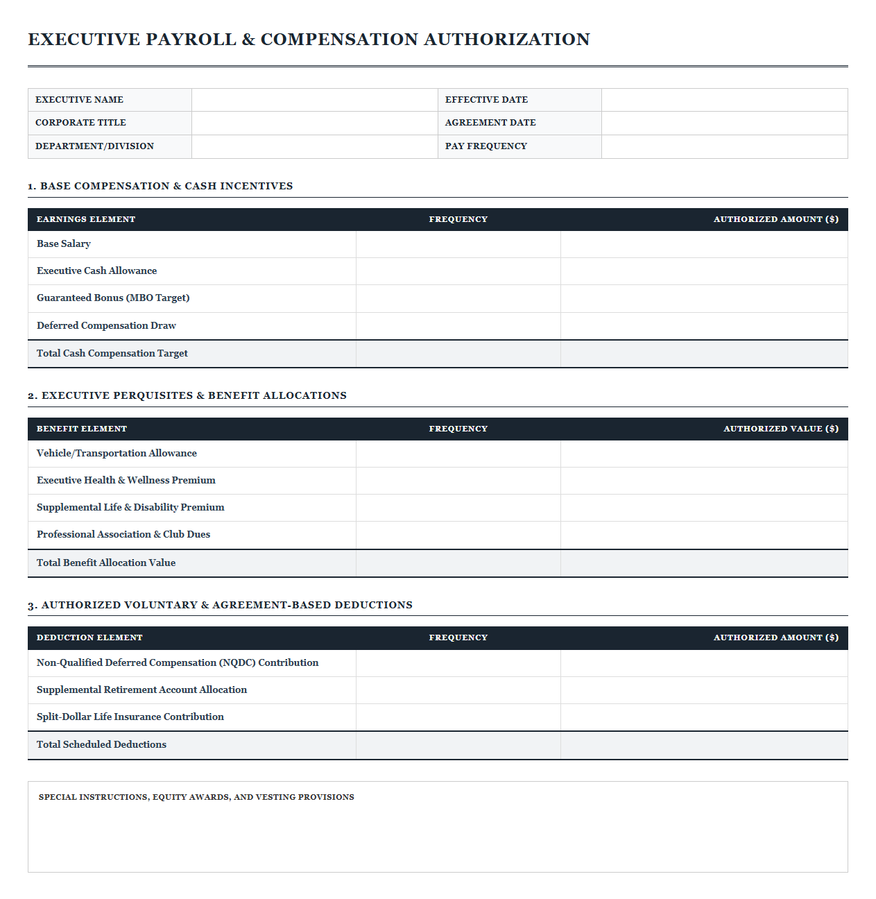 Payroll Sheet for Key Executive Employment Agreements