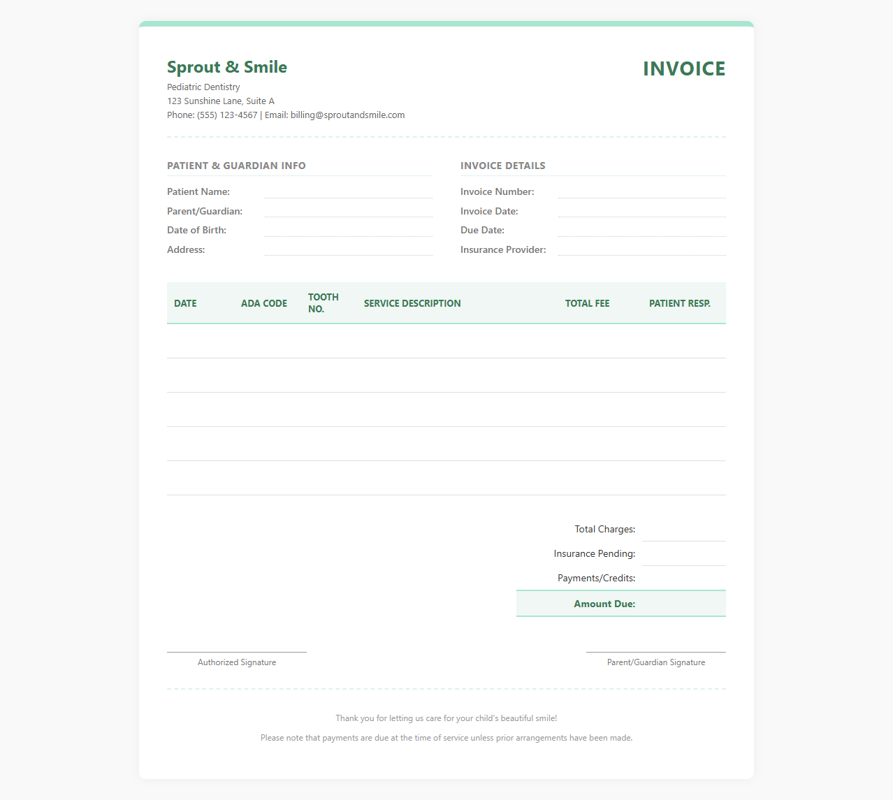 Pediatric Dental Clinic Invoice Template
