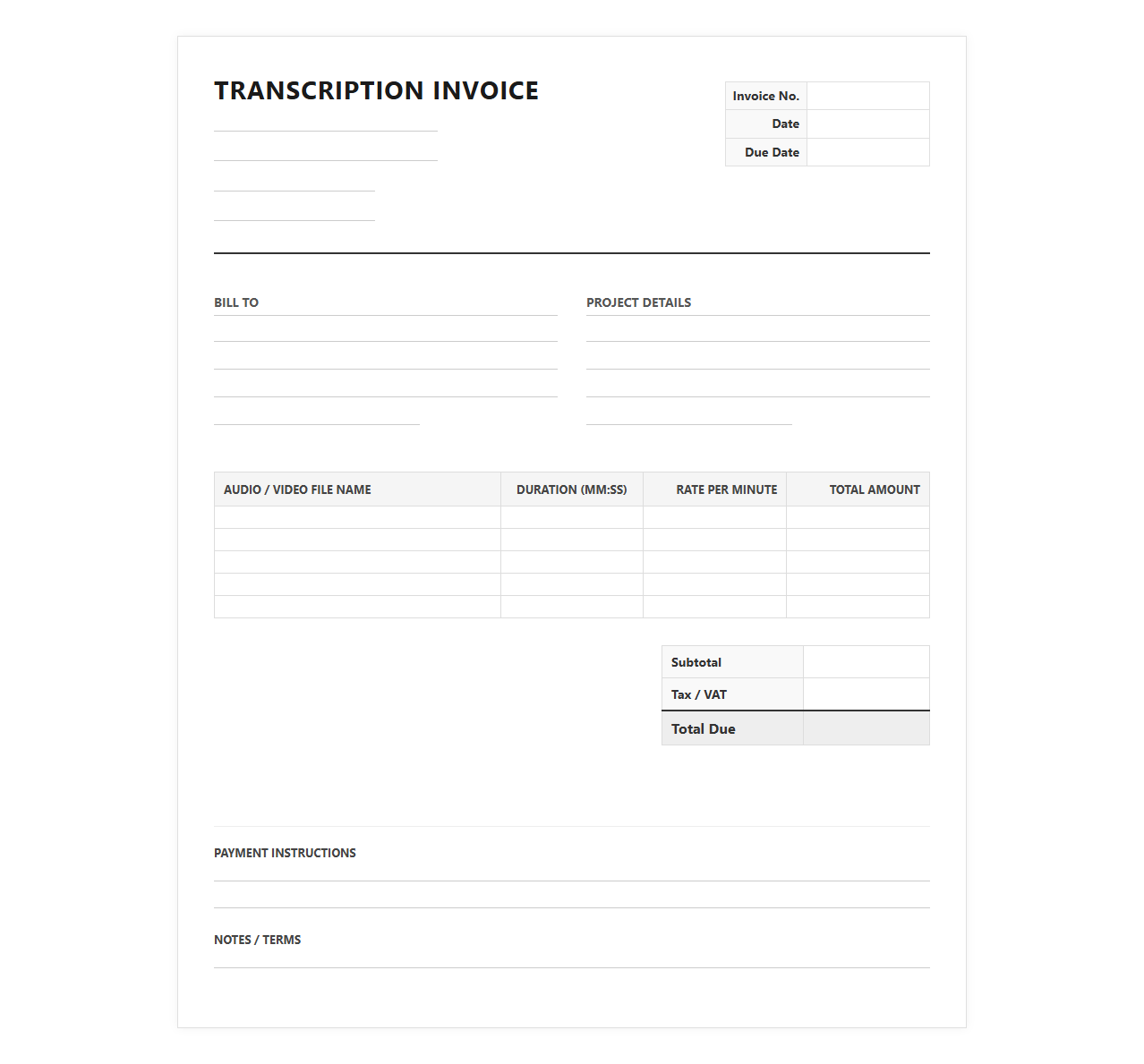 Per-Audio-Minute Transcription Invoice Template