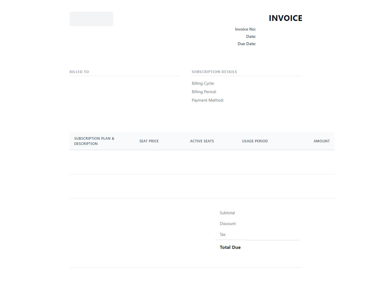 Per User Seat SaaS Subscription Invoice