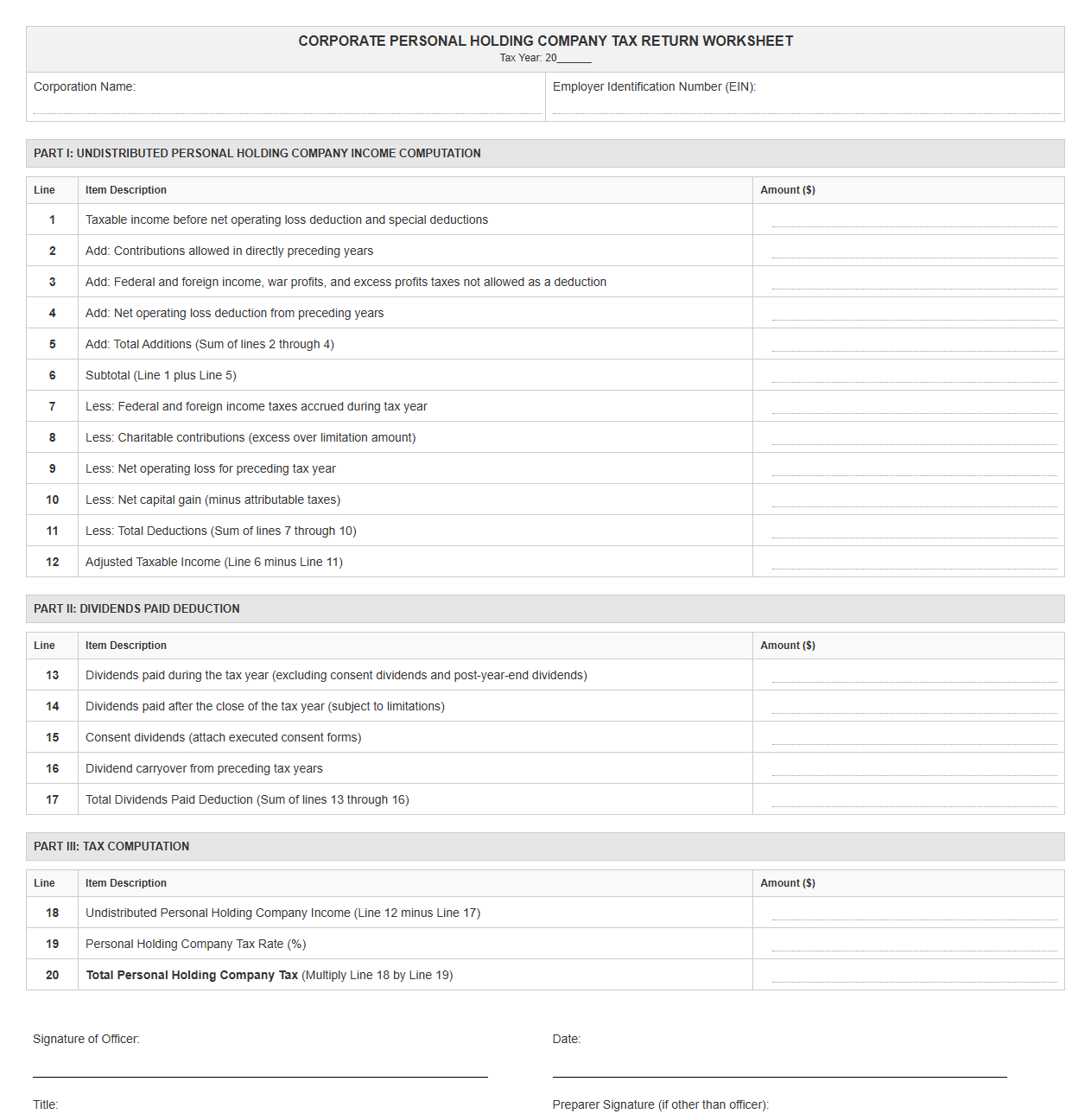 Personal Holding Company Tax Return Worksheet