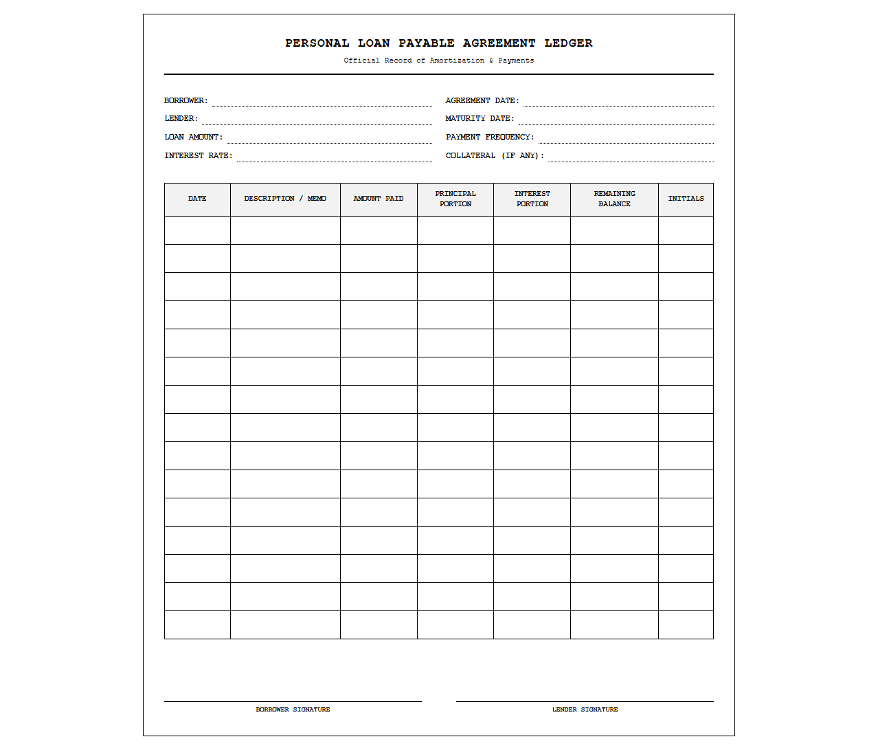 Personal Loan Payable Agreement Ledger