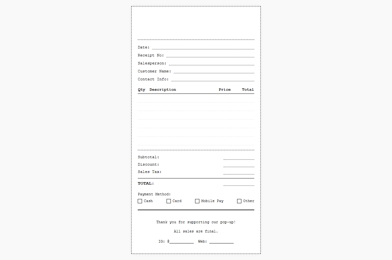 Pop-up Shop Direct Sales Receipt